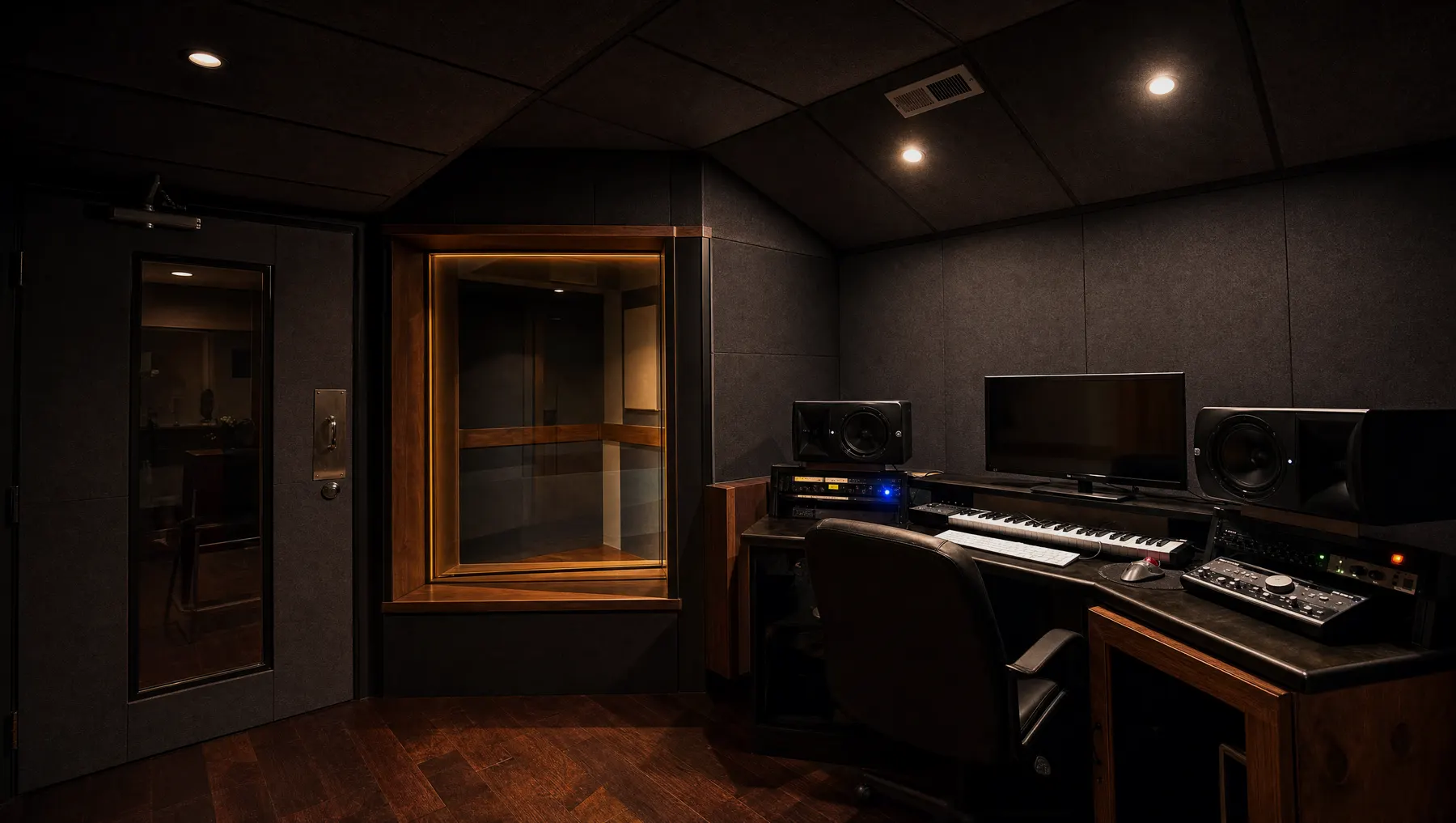 Writing room beside a lit vocal booth window