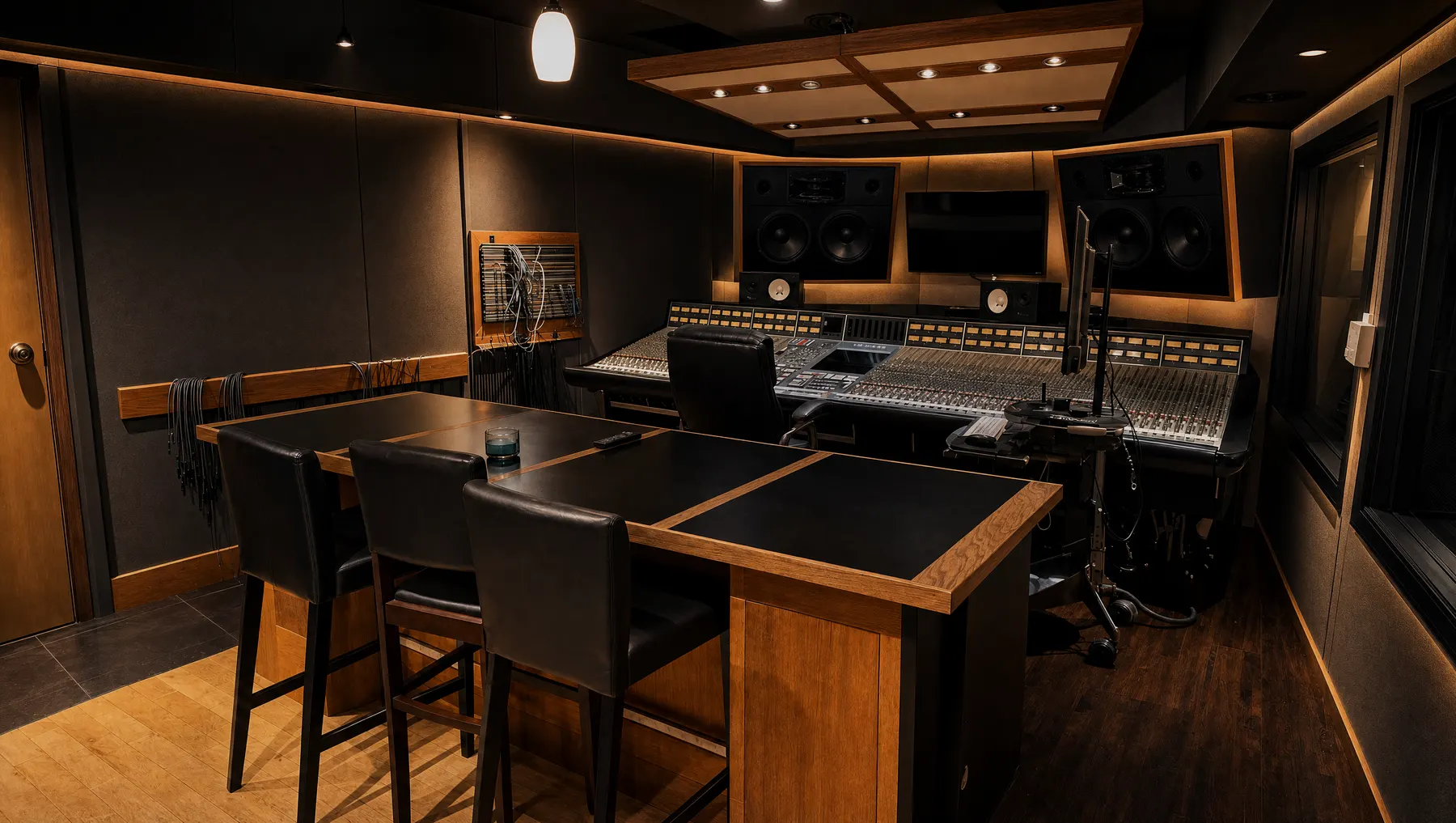 Control room with a large analog console and wall-mounted monitors