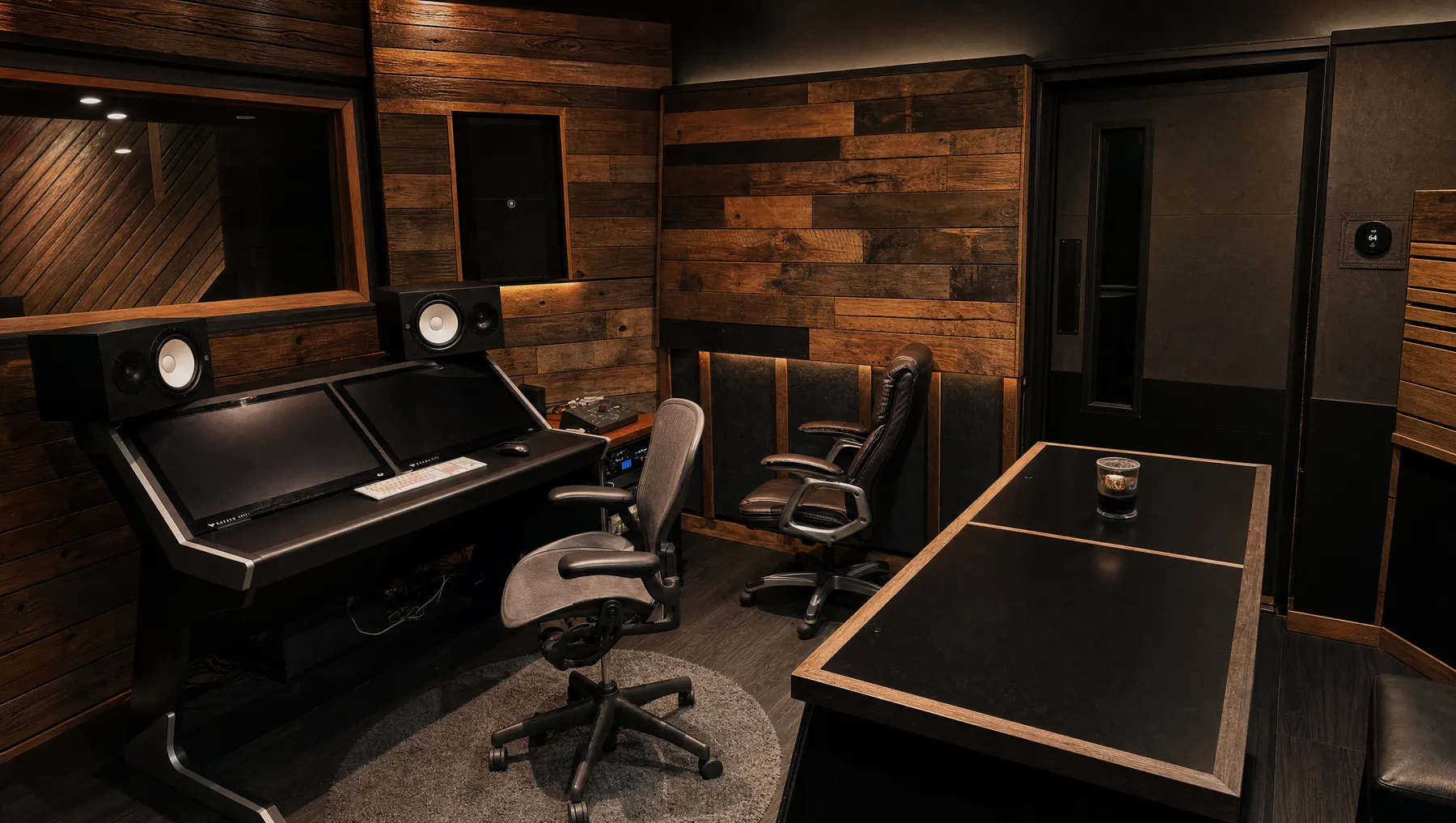 Production room with reclaimed wood walls, twin screens and monitors